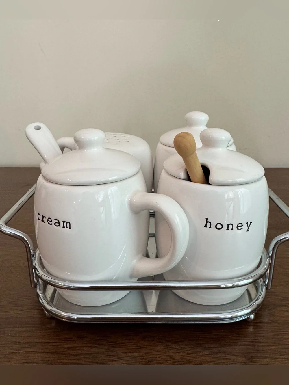 Pottery Barn Coffee House Set White Ceramic Sugar Honey Creamer Sprinkles